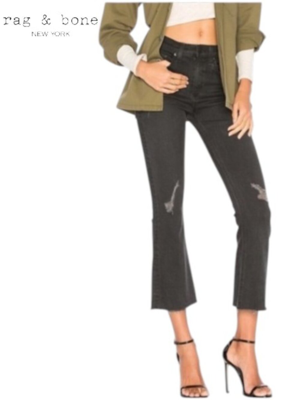 rag & bone Jeans Women's 3 High-Waist Cropped Flare Blackthorne Color Distressed